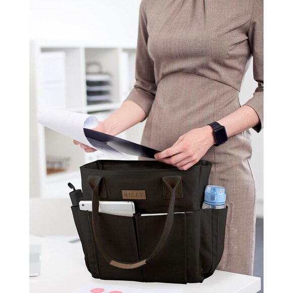 Women's Black Tote Bags Large Utility Bags with Pockets Zip for Teacher Work - Picture 2 of 8